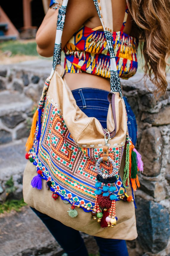 Ethnic Boho Festival Handbag embroidered tassles beads blue pink FAST UK POST