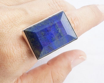Large Lapis Lazuli Ring size 9 rectangle cut gemstone 925 Sterling Silver Statement ring