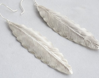 Silver Feather Earrings, Long leaf earrings, Bohemian Silver Earrings, Karen Hill Tribe Silver Earrings, Silver Leaf Earrings, Boho Earrings