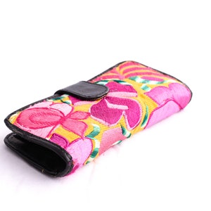 Pink flower wallet embroidered floral wallet black leather Huipil textile wallet boho floral wallet with black leather wallet gift for her