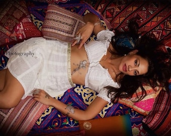 White Bohemian Skirt, Boho Cotton Skirt, embroidered skirt, Indian mirror skirt, knee length maxi skirt