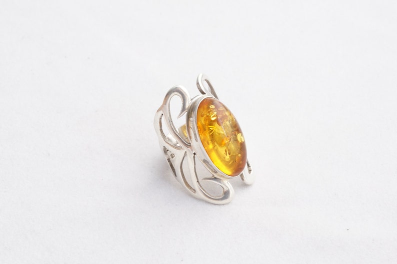 Big Oval Amber Gemstone Silver Statement shops Ring