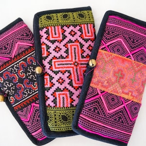Cartera de tela estilo bohemio, estilo tribal tailandés Hmong, de algodón, estilo bohemio, estilo étnico rosa, ideal como regalo para ella.