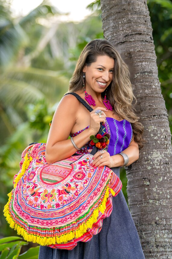 Large Bohemian Bag Pink Textile Yellow Fringe Bag Thai Hill