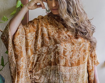 Floral silk blouse Bali batik brown kimono shirt tan boho top loose fitting elegant style clothing