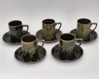 Five Vintage Portmeirion Green Glazed Earthenware 'Totem' Coffee Cups & Saucers