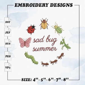 悲しい虫の夏の刺繍デザイン、昆虫のミシン刺繍ファイル、5サイズ。