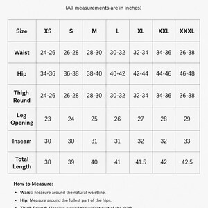 May include: A size chart for women's short pants, with measurements in inches. Includes waist, hip, thigh round, leg opening, inseam, and total length measurements for sizes XS to XXXL. Instructions on how to measure are also provided.