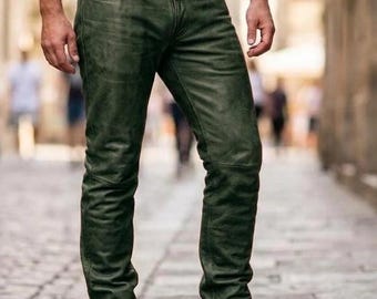 Handmade Men’s Forest Green Leather Pants | Slim Fit Genuine Cowhide Lambskin Sheepskin Trousers Jeans | Vintage Streetwear Biker Pant