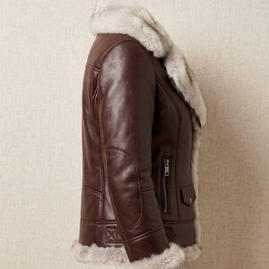Luxus Damen Braun Leder Shearling Jacke Large | Faux Fur Aviator Bomber Winter Warmer Schaffellmantel | Geschenk für Sie | Moto Biker Jacke Bild 5