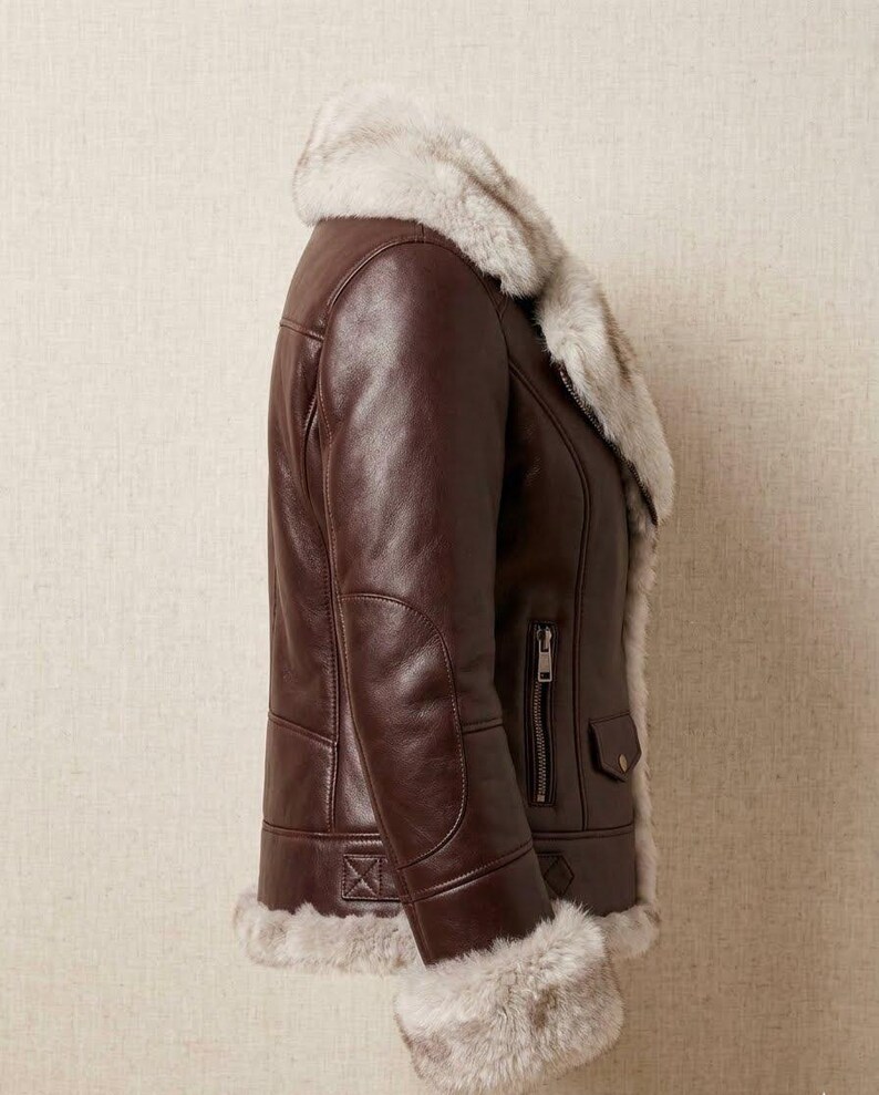 Luxus Damen Braun Leder Shearling Jacke Large | Faux Fur Aviator Bomber Winter Warmer Schaffellmantel | Geschenk für Sie | Moto Biker Jacke Bild 5