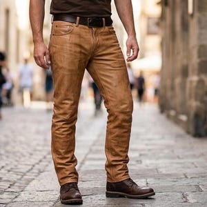 Op de afbeelding: Lichtbruine leren broek met bijpassende bruine riem en donkerbruine schoenen. De broek heeft een klassiek ontwerp met vijf zakken en een licht versleten uiterlijk. De riem heeft een zilveren gesp. De broek wordt buiten gedragen.