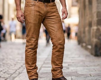 Handmade Men’s & Women's Brown Leather Pants Large| Slim Fit Genuine Cowhide Trousers | Vintage Streetwear Biker Pant | Custom Leather Jeans
