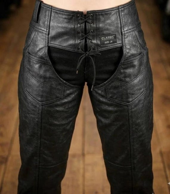 Men’s Leather Chaps Pant Black Biker Motorcycle Large Trouser Adjustable Waist Western Cowboy Suede Chap Handmade Rodeo Gear 3X Customizable
