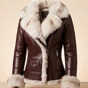 Luxus Damen Braun Leder Shearling Jacke Large | Faux Fur Aviator Bomber Winter Warmer Schaffellmantel | Geschenk für Sie | Moto Biker Jacke Bild 1