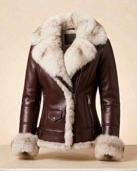 Luxury Women's Brown Leather Shearling Jacket Large | Faux Fur Aviator Bomber Winter Warm Sheepskin Coat | Gift for Her | Moto Biker Jacket