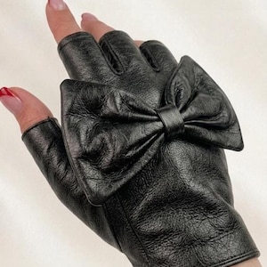 Fingerlösa handskar i äkta läder med rosett | Körhandskar i äkta kohud för kvinnor, svarta, moderiktiga handskar med halvfinger | Vintage 90-talsstil