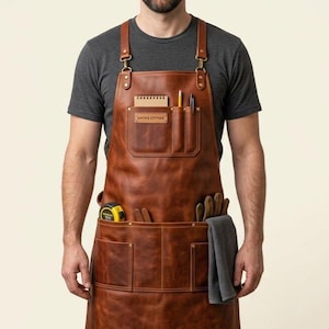 Könnte beinhalten: Eine braune Lederschürze mit verstellbaren Schulterriemen und Metallbeschlägen, einer Brusttasche mit Notizblock, Bleistift und Stift sowie unteren Taschen mit einem gelben Maßband, Werkzeugen und einem grauen Tuch. Der Text SMITH'S COTTAGE ist auf einem Lederaufnäher eingeprägt.