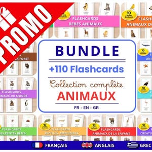 Peut inclure: Un ensemble numérique de 110 cartes éducatives illustrant diverses catégories d'animaux, incluant animaux domestiques, marins, oiseaux et savane. Chaque carte présente une illustration animale avec du texte en français, anglais et grec.