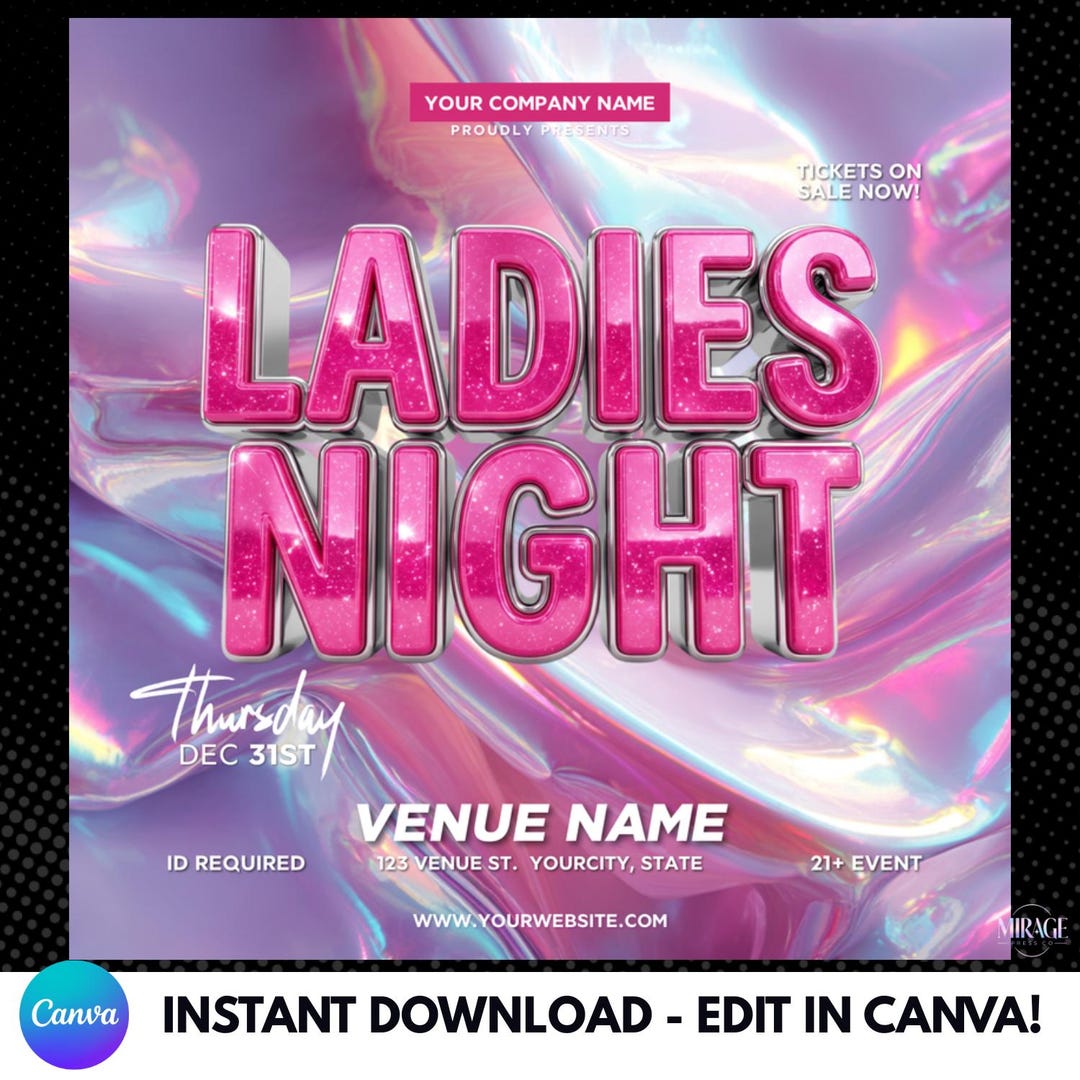 Ladies Night Flyer Template New Year's Eve Club Canva Editable for
