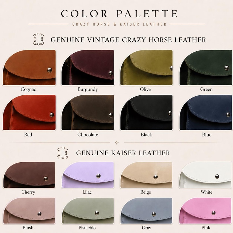 May include: A color palette chart displaying various leather swatches labeled as Crazy Horse and Kaiser leather. The chart features twenty leather samples in colors including cognac, burgundy, olive, green, red, chocolate, black, blue, cherry, lilac, beige, white, blush, pistachio, gray, and pink, each with a silver metal snap button.