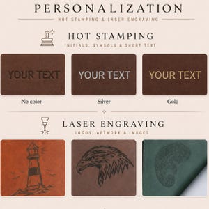 May include: A personalization guide displaying hot stamping and laser engraving options on leather surfaces. Hot stamping shows 'YOUR TEXT' in no color, silver, and gold. Laser engraving shows a lighthouse, an eagle, and a floral pattern.