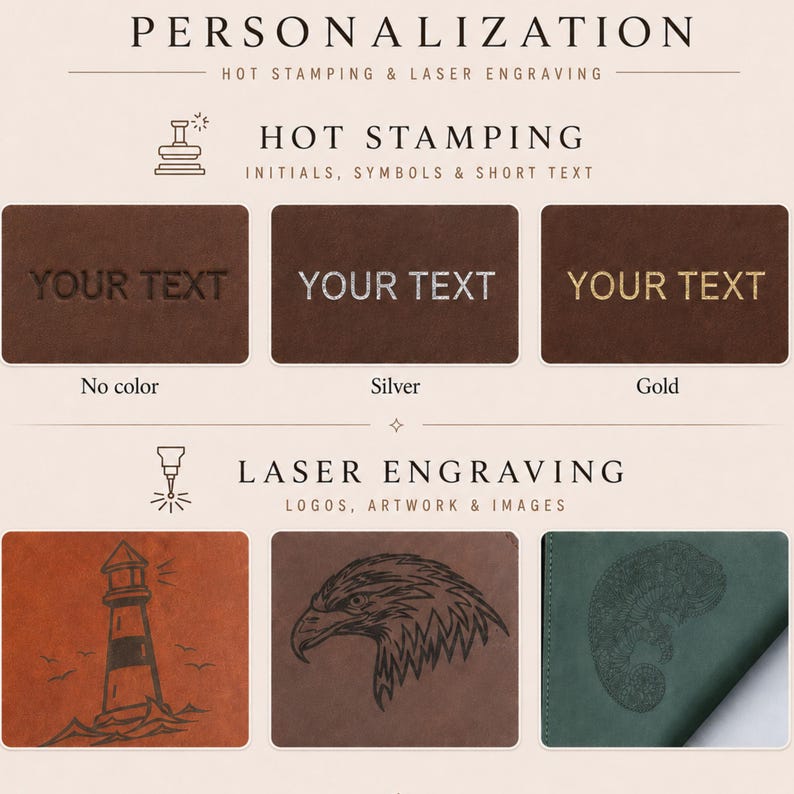 May include: A personalization guide displaying hot stamping and laser engraving options on leather surfaces. Hot stamping shows 'YOUR TEXT' in no color, silver, and gold. Laser engraving shows a lighthouse, an eagle, and a floral pattern.