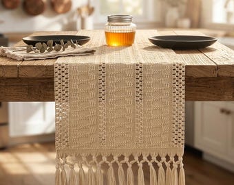 Cotton Table Runner with Tassels, Boho Table Linen, Kitchen Table Decoration, Dining Room Centerpiece, Housewarming Gift