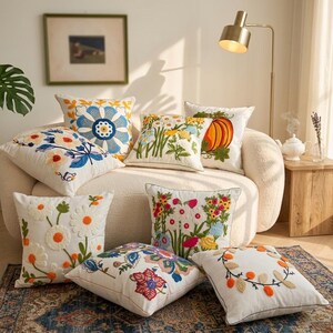 Broderat örngott med vildblommor, vårörngott, dekorativt hem, blommig sängkudde