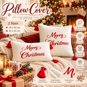 Embroidered Merry Christmas Pillow Cover with Tassels, Festive Holiday Cushion Case, Cozy Winter Sofa Accent, Decorative Xmas Throw Pillow