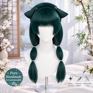May include: A dark green wig with a unique style, featuring a blunt fringe and long pigtails. The wig is displayed on a mannequin head. The image includes text that says "Pure Handmade & Customizable", "Silky Texture", "Natural Shine", and "Adjustable Cap".