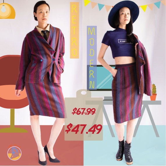 SALE - 80s power suit / wool suit set / stripe dre