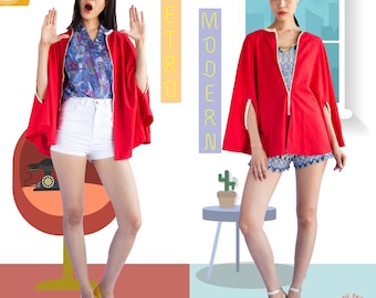 Vintage Cape Cardigan / vintage red cape / vintage poncho / Vintage 60 cape / cotton cape