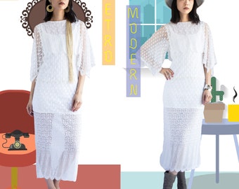 Vintage Small White boho dress / 70s hippie dress / Jessica McClinktock Wedding dress / Vintage lace dress / Lace Whimsical dress