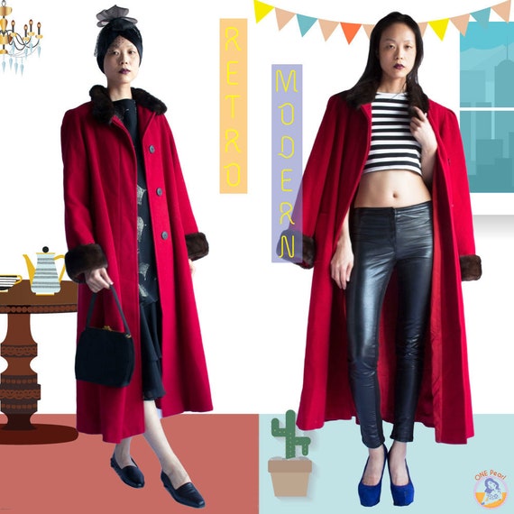 Vintage red trench coat / 70s coat / Red wool fur