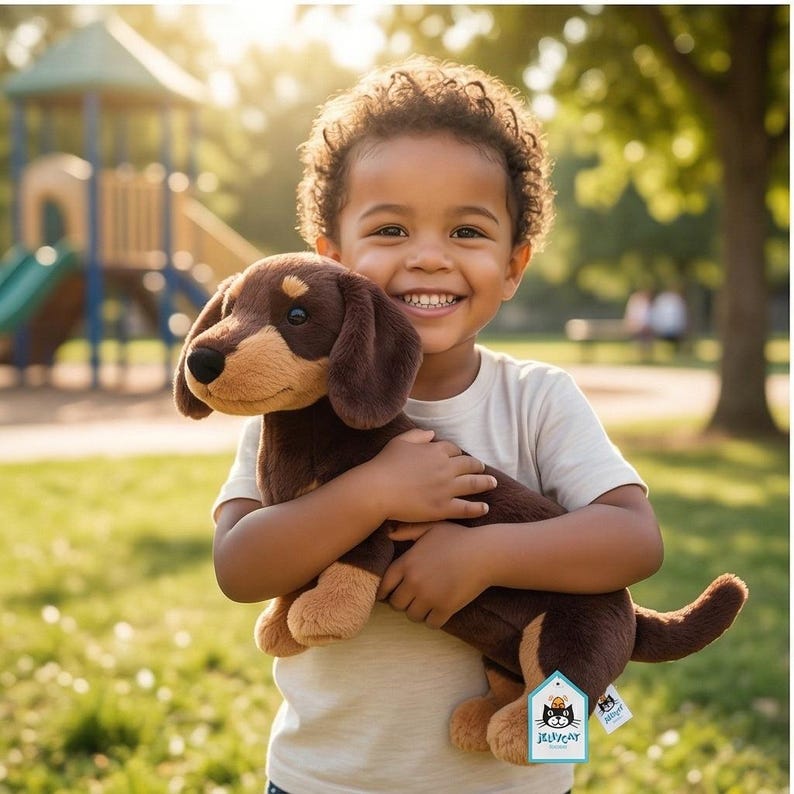 May include: A child smiles while holding a brown and tan plush dachshund dog. The plush toy has floppy ears and a long body. The child is wearing a light-colored t-shirt and is outside in a park setting.
