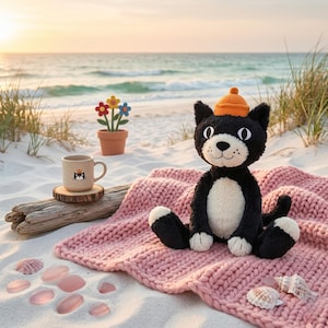Może przedstawiać: Pluszowy czarny kot z białymi akcentami i pomarańczowym kapeluszem siedzi na różowym dzianinowym kocu na piaszczystej plaży. Na plaży znajduje się również kubek z motywem kota i mały doniczka. Rozrzucone są muszle i różowe kamienie.