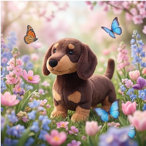 May include: A plush brown and tan dachshund dog stands in a field of colorful flowers. Butterflies with orange and blue wings flutter around the dog. The scene is set in a soft, dreamy garden with pink, purple, and blue flowers.