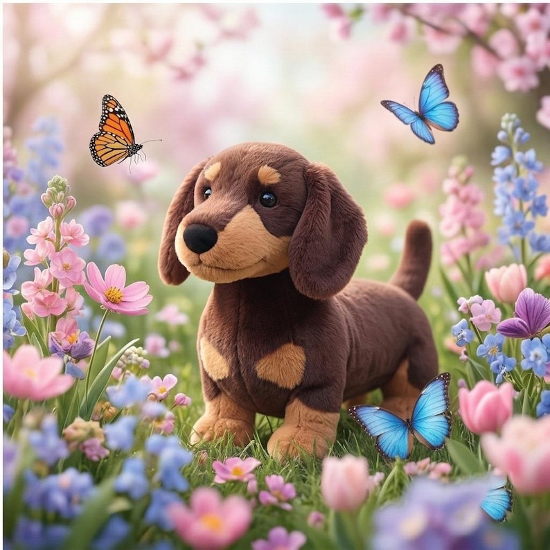 May include: A plush brown and tan dachshund dog stands in a field of colorful flowers. Butterflies with orange and blue wings flutter around the dog. The scene is set in a soft, dreamy garden with pink, purple, and blue flowers.