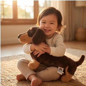 May include: A plush dachshund dog toy in brown and tan, with floppy ears and a long body. The toy is being hugged by a child. The toy has a tag that says "Jellycat".