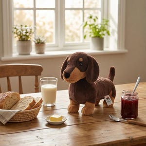 May include: A plush dachshund dog toy with brown and tan fur stands on a wooden table. Beside it are slices of bread in a basket, a glass of milk, a pat of butter, and a jar of jam. The scene is set in a well-lit room.