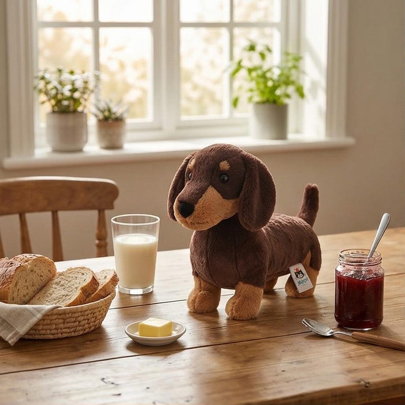 May include: A plush dachshund dog toy with brown and tan fur stands on a wooden table. Beside it are slices of bread in a basket, a glass of milk, a pat of butter, and a jar of jam. The scene is set in a well-lit room.