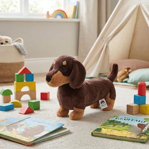 May include: A plush dachshund dog toy in brown and tan, standing on a light-colored rug. Colorful wooden blocks and two open books with illustrations are scattered around the toy. A small teepee and a rainbow decoration are in the background.