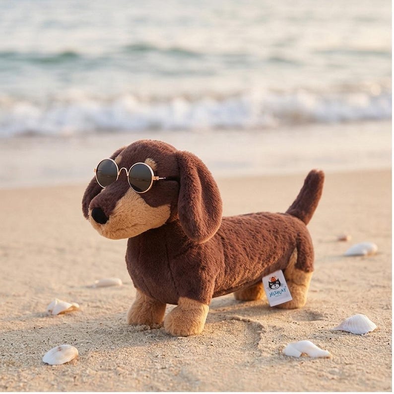 May include: A plush dachshund dog toy with brown and tan fur, wearing round sunglasses. The toy is standing on a sandy beach with seashells scattered around. The dog has a tag attached to its side.