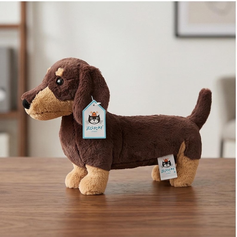 May include: A plush dachshund dog toy in brown and tan. The stuffed animal has a long body, floppy ears, and a small tail. It has a tag that says "Jellycat". The toy is on a wooden surface.