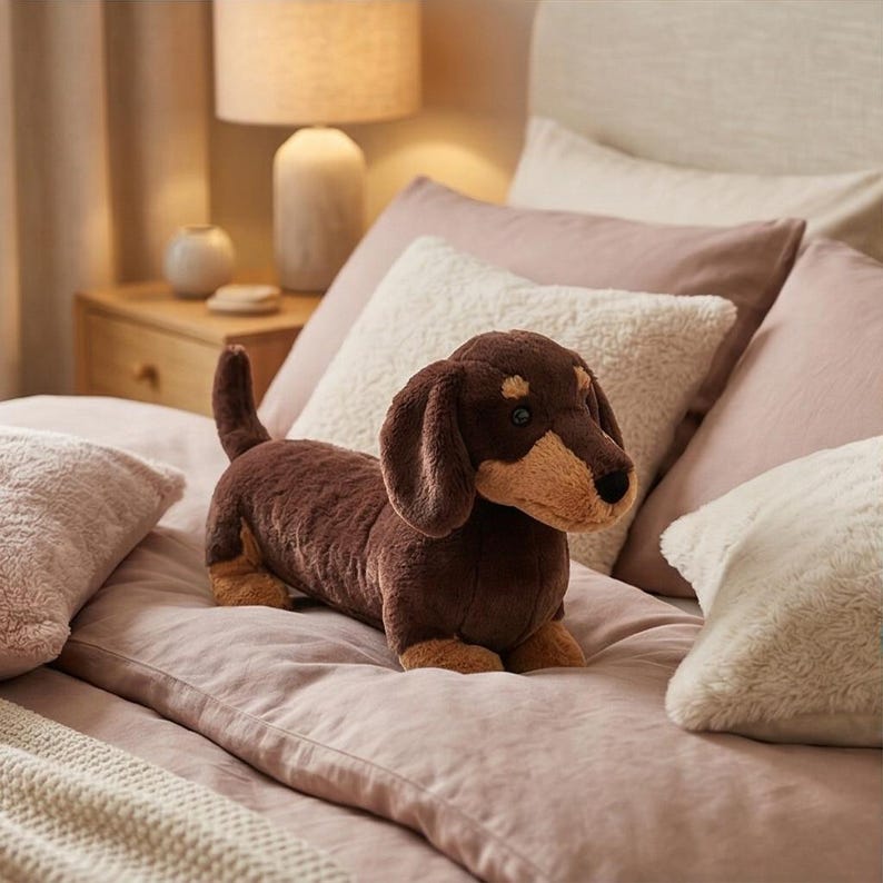 May include: A plush dachshund dog toy in shades of brown and tan rests on a bed with pink bedding and white pillows. The stuffed animal has floppy ears and a long body, creating a cozy and inviting scene.