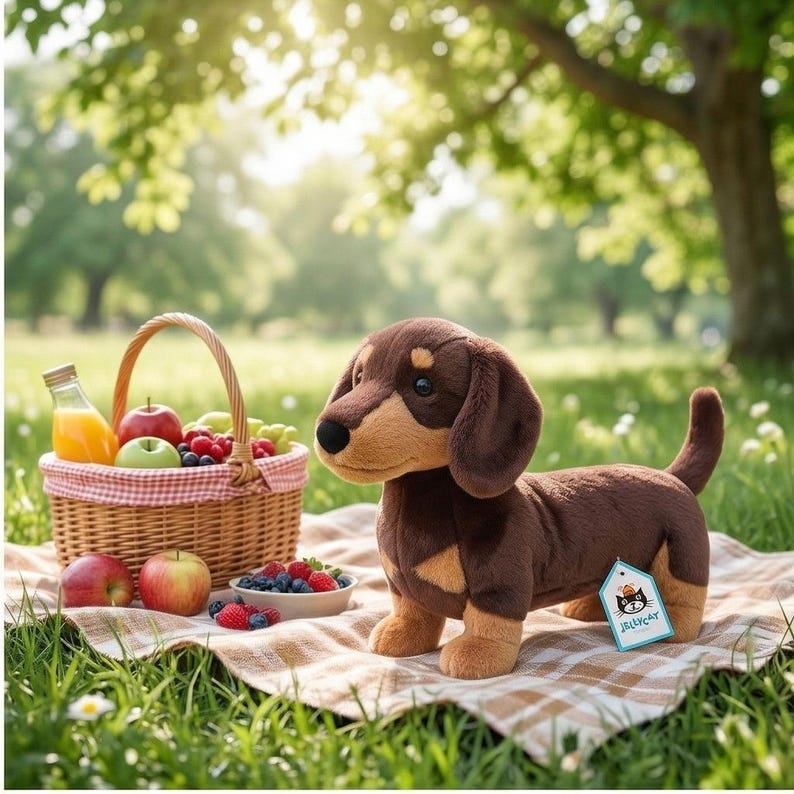May include: A plush dachshund dog with brown and tan fur sits on a picnic blanket. A picnic basket filled with fruit and a bottle of juice are nearby. The scene is set outdoors with green grass and trees.