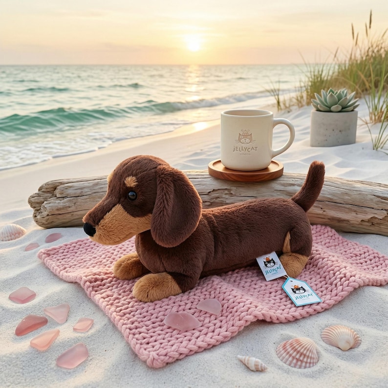 May include: A plush brown dachshund dog toy with tan accents, lying on a pink knitted blanket on a sandy beach. A white mug with a cat logo and a wooden coaster are nearby. The scene is set at sunset.