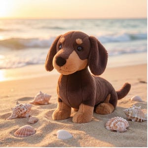 May include: A plush dachshund dog toy with brown and tan fur sits on a sandy beach. Seashells are scattered around the dog. The background shows the ocean and a soft, golden sunset.