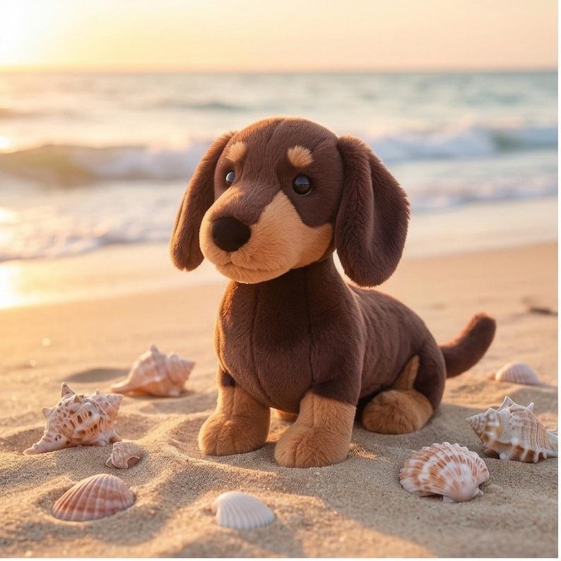 May include: A plush dachshund dog toy with brown and tan fur sits on a sandy beach. Seashells are scattered around the dog. The background shows the ocean and a soft, golden sunset.